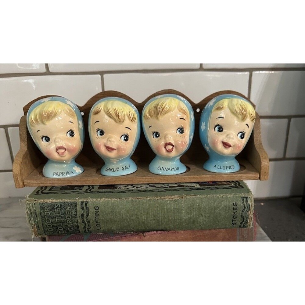Vtg Napco Miss Cutie Pie Blue Spice Shaker Set Paprika Allspice Cinnamon Garlic